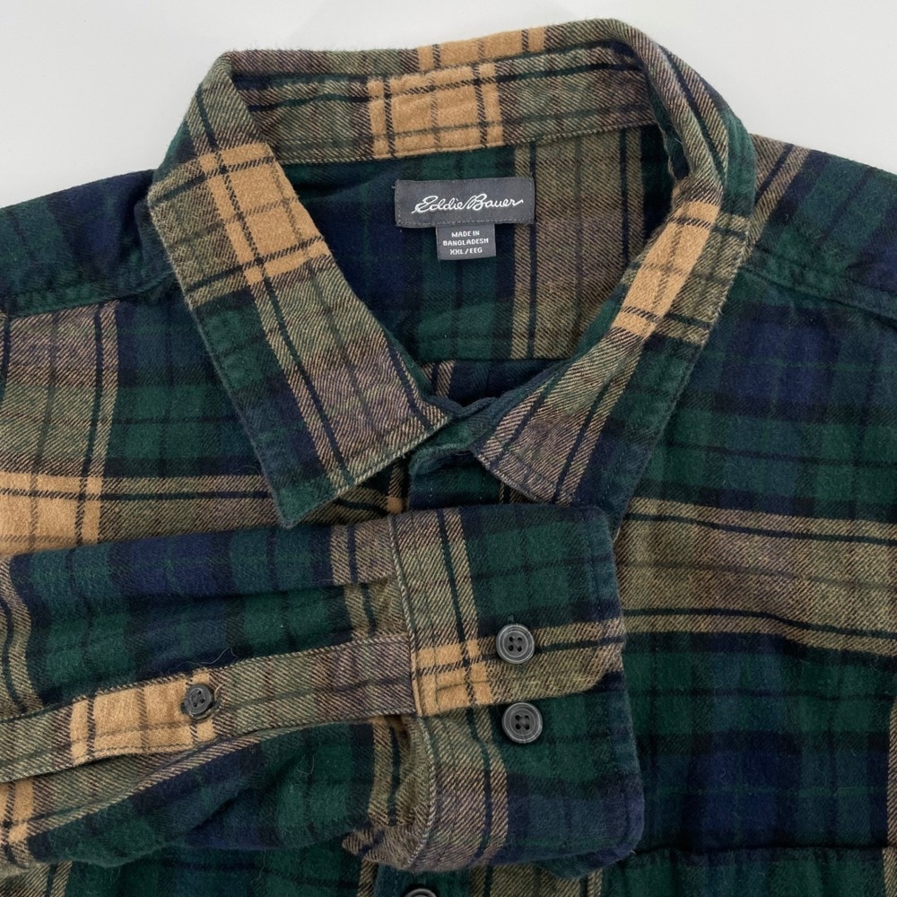 Eddie Bauer Mens XXL Flannel Shirt Green Navy Tan Plaid Cotton Button Down